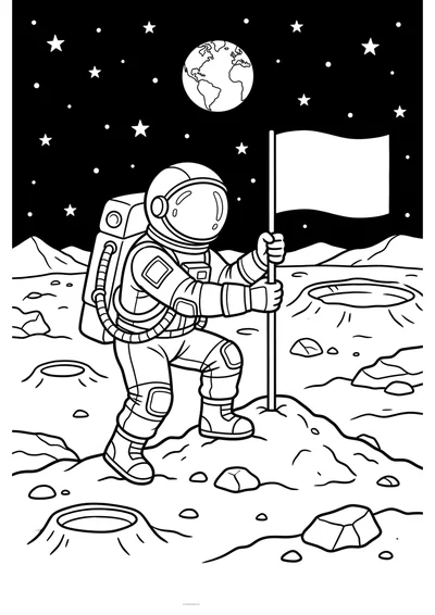 Kolorowanka astronauta stawiający flagę do druku A4