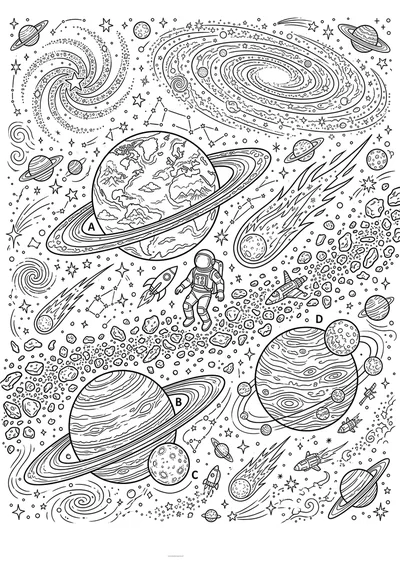 Kolorowanka szczegółowa galaktyka z planetami do druku A4