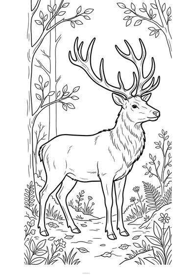 Kolorowanka jeleń w lesie iglastym