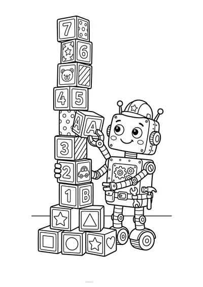 Kolorowanka robot budujący z klocków do druku A4