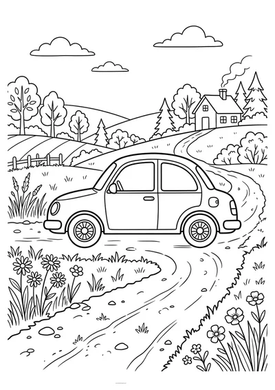Kolorowanka auto na drodze pośród drzew