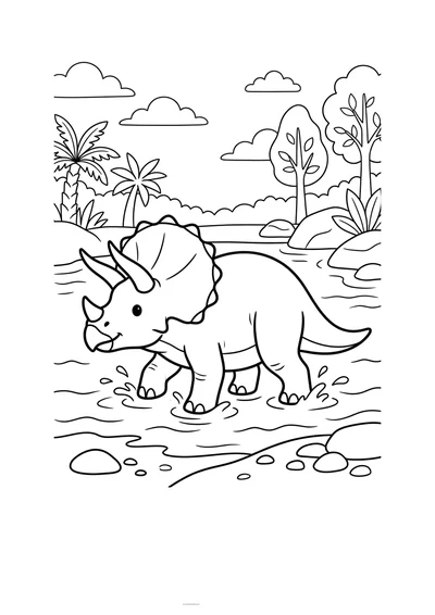 Kolorowanka triceratops przechodzący przez płytki potok