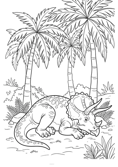 Kolorowanka triceratops leżący na polanie