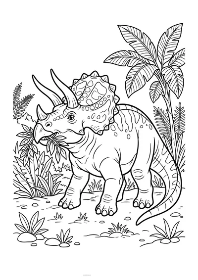 Kolorowanka triceratops zrywający liście paproci