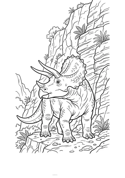 Kolorowanka triceratops przy stromych skałach