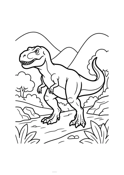 Kolorowanka T-Rex powoli idący przez prehistoryczną dolinę