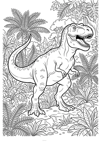 Kolorowanka tyranozaur pośród paproci i skrzypów