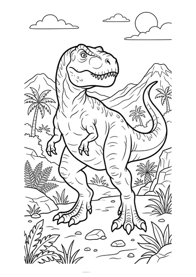 Kolorowanka tyranozaur przy aktywnym wulkanie