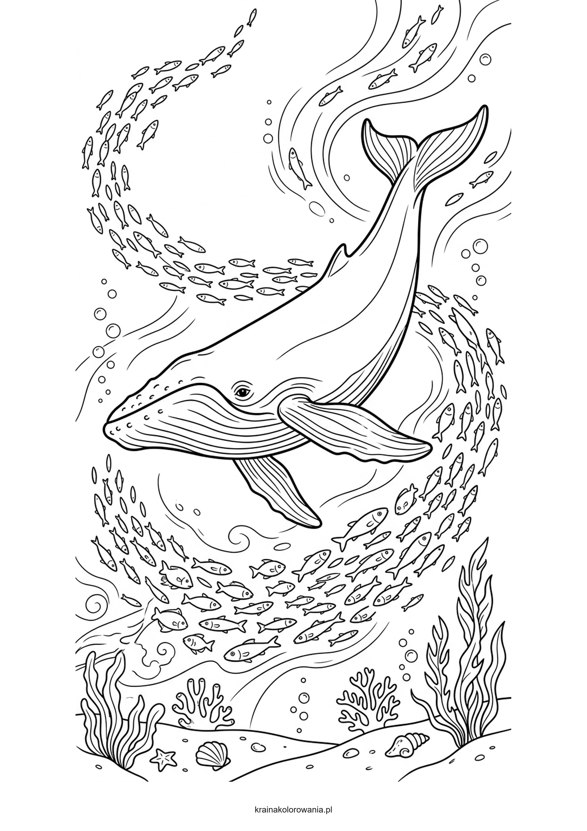 Przyjazna ilustracja przedstawiająca wieloryba płynącego w oceanicznych głębinach pośród małych rybek.