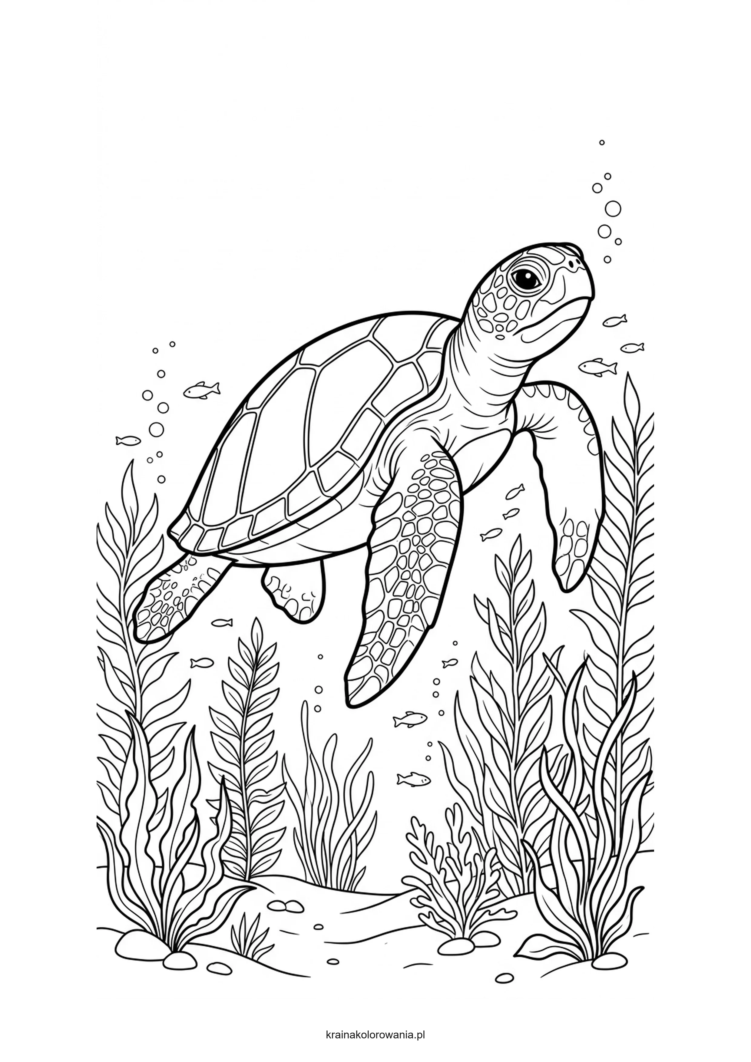 Piękna ilustracja żółwia morskiego z wyraźną skorupą i płetwami, szybującego w morskiej wodzie.
